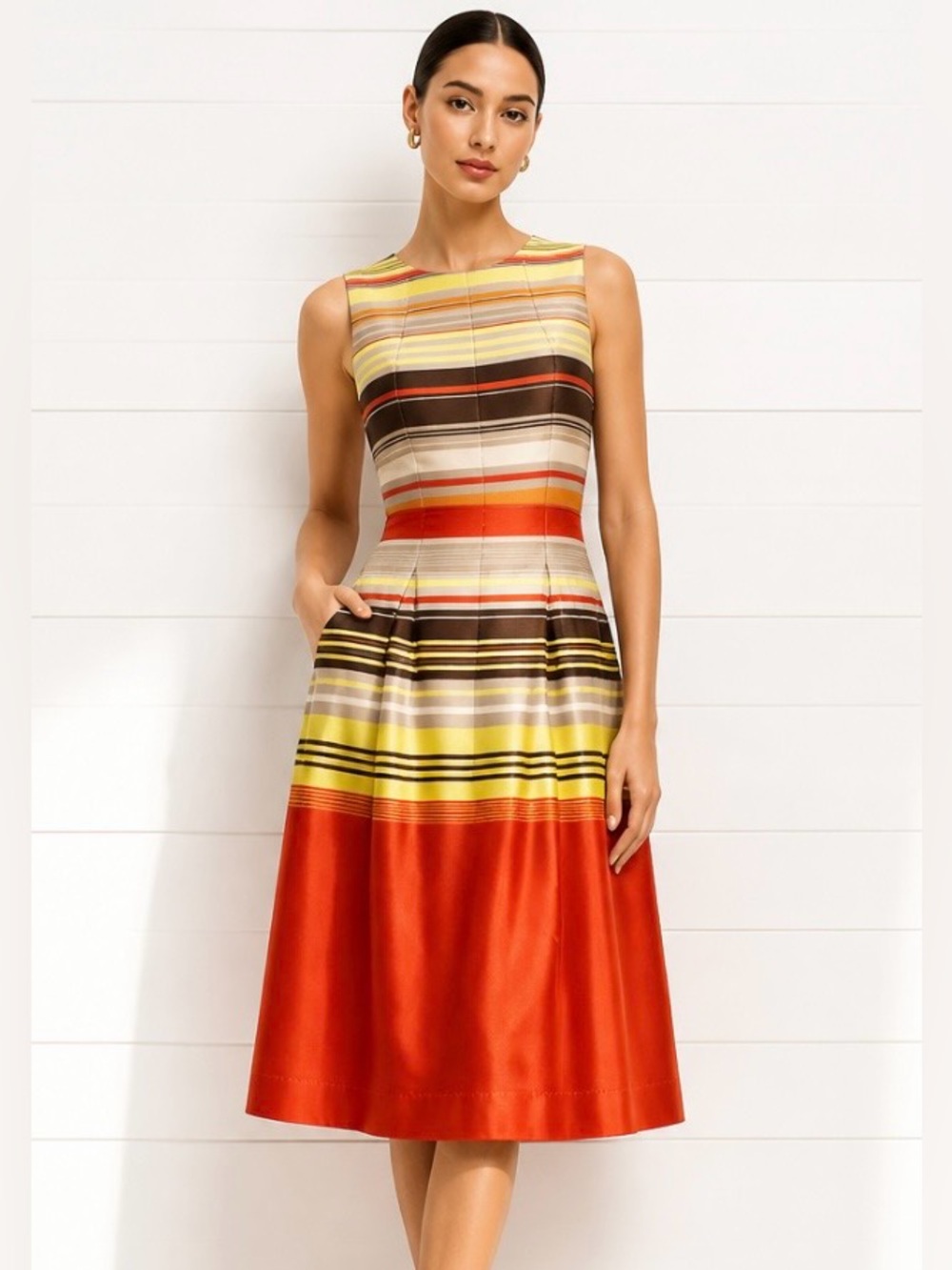 JUST TAYLOR Dress Panel Retro Striped Fit Flare Sleeveless Pleated Orange Yellow